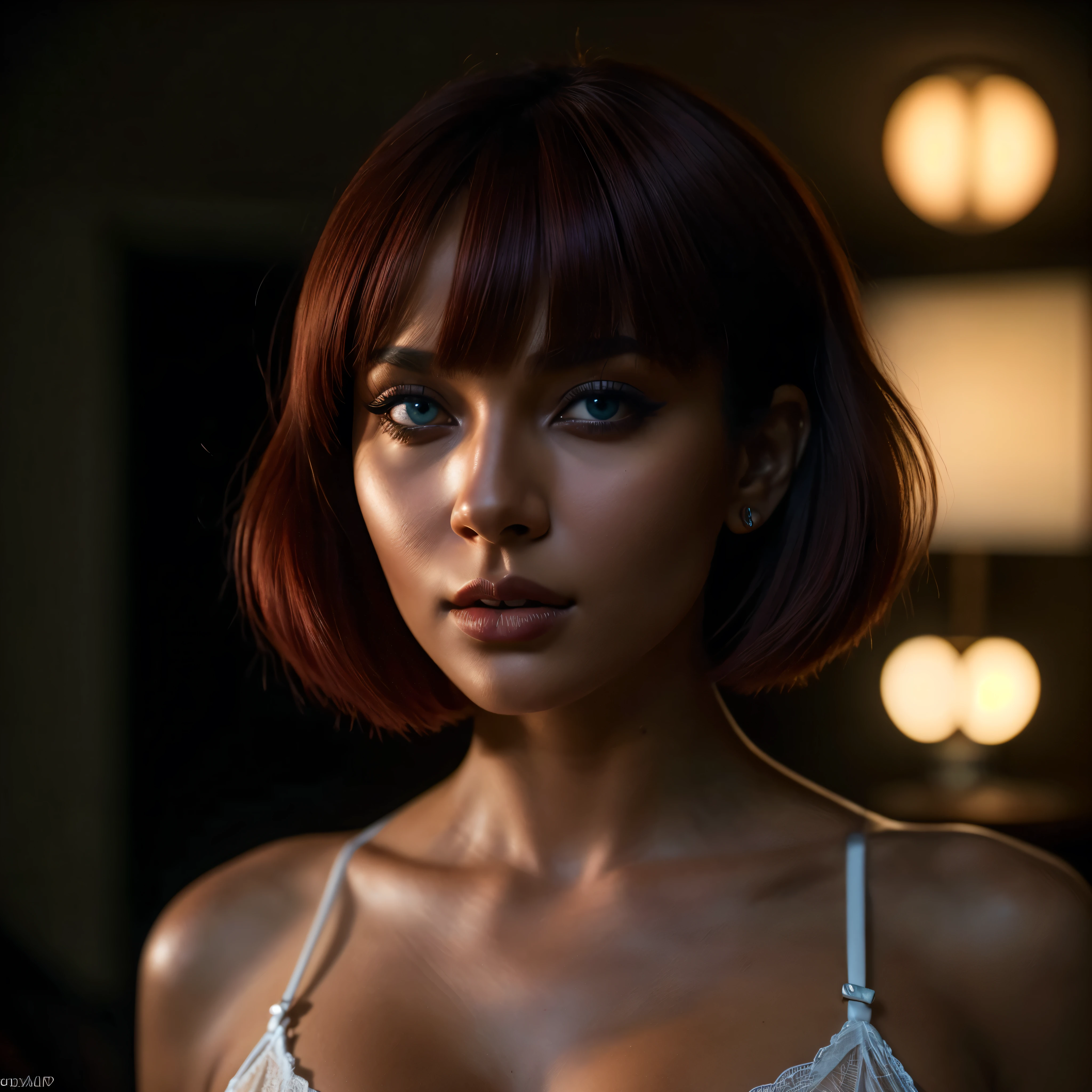 a beautiful woman with dark skin, red bob haircut, expressive blue eyes, wearing white lace lingerie, in a bedroom setting with a sexy, erotic atmosphere, (best quality,4k,8k,highres,masterpiece:1.2),ultra-detailed,(realistic,photorealistic,photo-realistic:1.37),portrait,chiaroscuro lighting,dramatic lighting,cinematic,dramatic colors,rich colors,glowing skin,detailed facial features,sensual,alluring, intricate details,dramatic lighting,cinematic composition,sensual,captivating expression,alluring. HDMI, HDRI, UDHD,((Diffuse effect)), ((volume effect 1.1)), ((Depth of field 1.1)), ((fisheye lens)