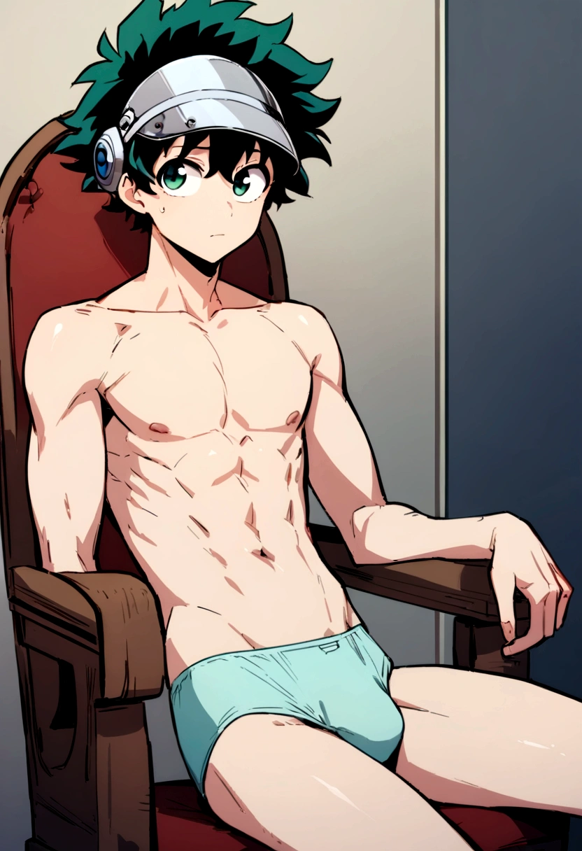 (masterpiece, best quality:1.2), solo, male focus, 1boy, midoriya izuku, short green hair, green eyes, no shirt, no pants, wearing briefs, ager, toned slender body, domed helmet with transparent visor over eyes, mind control device, blank expression, staring straight forwars, relaxed body posture, sitting in chair, anime style, my hero academia style