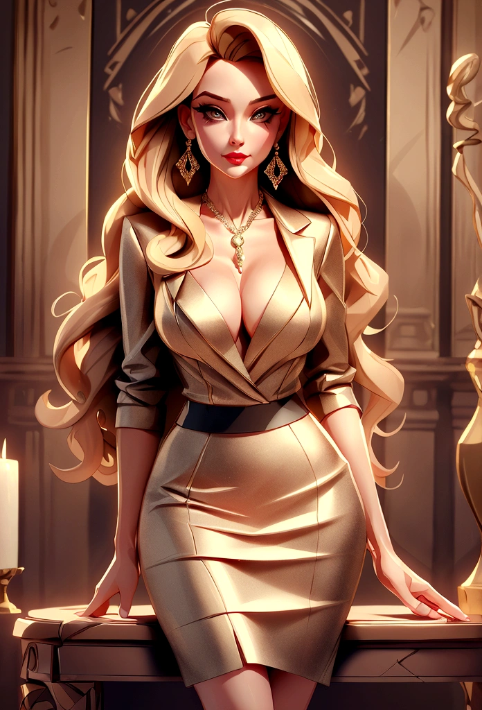 One mature woman,Age 25、Supermodel body type、Beautiful woman in an elegant business suit, Pencil Skirt, Bust up shot、Detailed face, Fine grain, Detailed lips, Long eyelashes, Wavy blonde hair, (4K,8K,High resolution:1.2), Super detailed, Cinema Lighting, Dramatic Shadows,Rich texture, Fashion Photography, masterpiece, Highest quality, so beautiful, Absurd