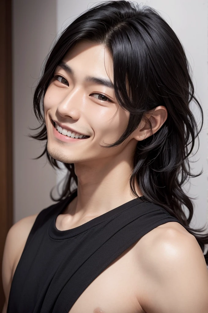 Create a  Japanese man smiling, V-shaped and masculine face, shoulder length hair, black and wavy,  dimples, who is thin and has slanted, black eyes