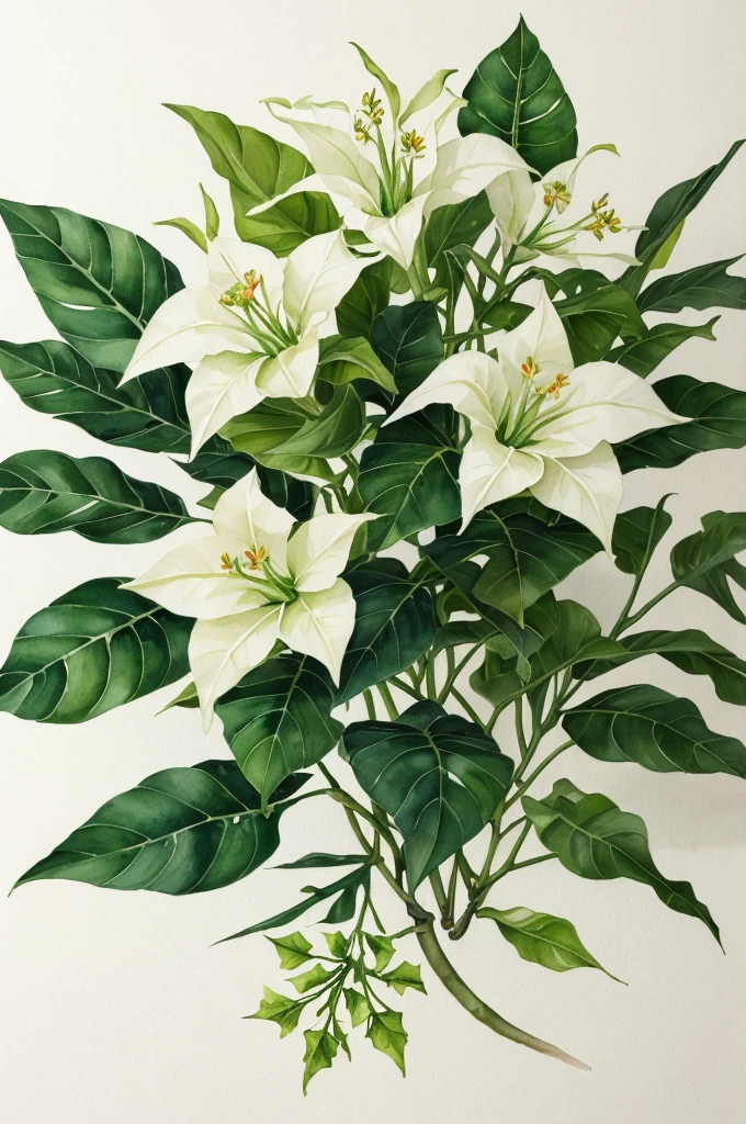 masterpieceof botanic illustration in watercolor on white paper of a datura flower with a branch, an oval green fruit and some leaves