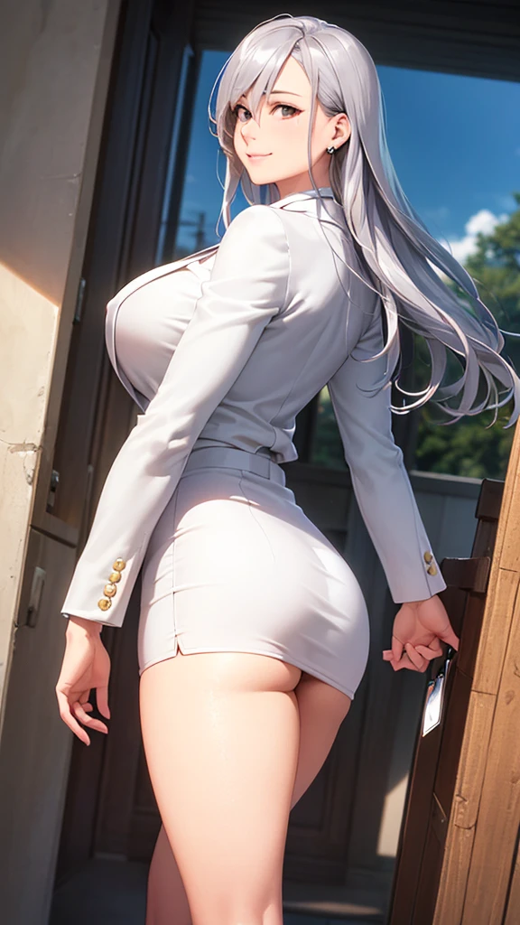 (masterpiece:1.2, top-quality), (realistic, photorealistic:1.4), beautiful illustration, (natural side lighting, movie lighting),
looking at viewer, cowboy shot, front view, 1 girl, japanese, high school girl, perfect face, cute and symmetrical face, shiny skin, babyface,
(long hair, straight hair, silver hair), hair between eyes, purple eyes, (middle breasts, seductive thighs, big ass), piercings,
beautiful hair, beautiful face, beautiful detailed eyes, beautiful clavicle, beautiful body, beautiful chest, beautiful thigh, beautiful legs, beautiful fingers,
((long sleeves, white collared shirt, black suit jacket, black pencil mini skirt), id card, strap, black high heels),
(beautiful scenery), evening, park, walking, (lovely smile, upper eyes), big tits, ((high resolution face)), plump, (((ass))), (((low angle shot))), (((back)))
