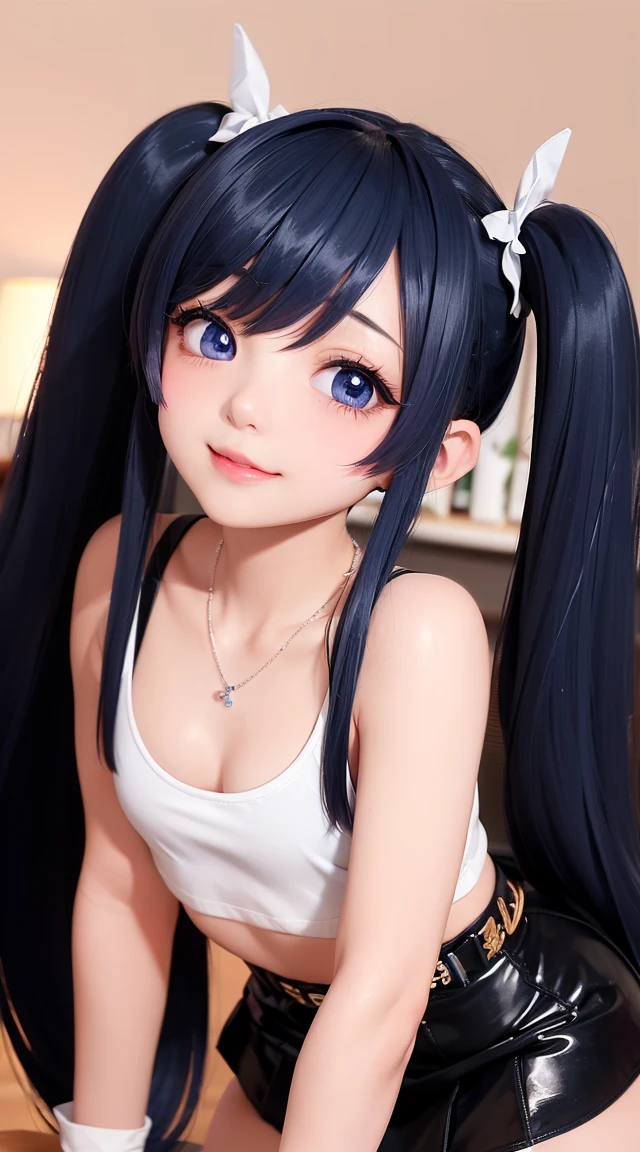 (masterpiece:1.3), (Best Quality:1.3), (Ultra-detailed:1.2), ((kawaii)), Cute, (lovely), ((y)), ((Extremely detailed)), 4K, (8K), Best Quality, (Beautiful), Illustration, anime style, (bold line:1.2), Gradation, looking at viewer, //, (bent down:1.1), (arms behind back), //, a cute girl, 1girl, (solo:1.2), gleaming skin, //, (flat chested), (Perfect eyes:1.2), (Perfect iris:1.2), //, darkblue hair color, (beautiful eyes) //, (half closed eyes:1.3), (sexpression:1.2), Fascinated expression, smile, (blush:1.2), //, modern city background, on rock, twin tails, muscle girl, hard abs, exposed abs, NECKLACE, tight blouse, skirt