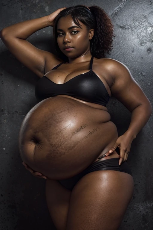 Masterpiece, , gorgeous cute nigerian girl, smirk, freckles, (dark skin:1.6), black sports bra, black bikini, booty shorts, wet skin, black hair, freckles, facing the camera, standing, pregnant belly, chubby, black fishnet stockings