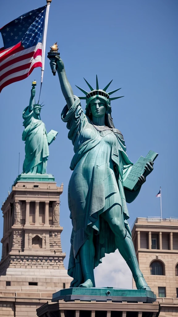 A beautiful dark-haired woman transformed into Captain America stands on top of the Statue of Liberty