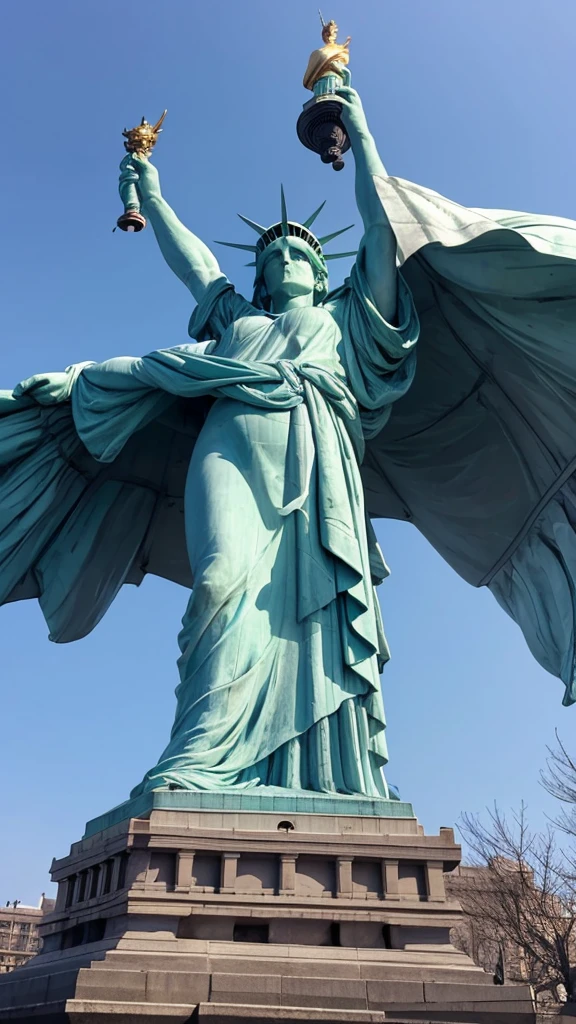 A beautiful dark-haired woman transformed into Captain America stands on top of the Statue of Liberty