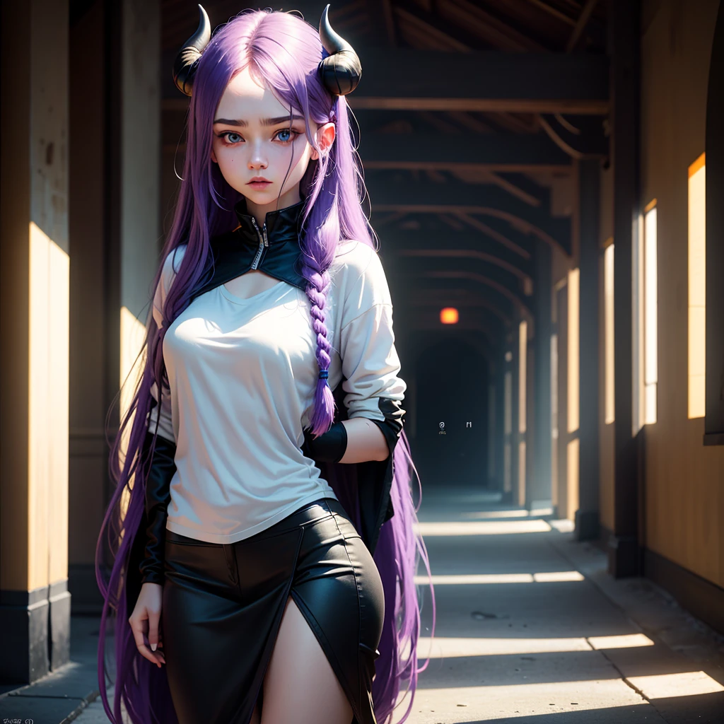 (8k, Raw photo, best quality, masterpiece), ultra high resolution, (realistic, photorealistic), 1 girl, 18 years old, emotionless, only, long purple hair tied, Blue eyes, black horns, Waifu. Big ((95C)) very thin and perfect body
Professional lighting, Detailed lighting, backlighting, depth of field, Natural lighting, intense concentration, professional photography, Detailed eyes, realistic eyes, detailed shadow.
In white casual wear, in a fantasy city, in the underworld