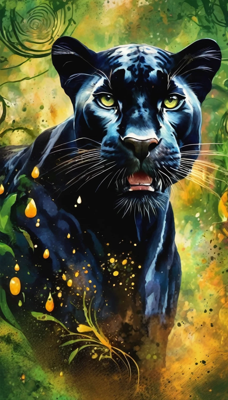 Beautiful black panther lying down, abstraction jungle backdrop, floral, fantasy, african style, beautiful, realistic, green, white, golden fibers, drops, balls, swirls, sparks, high octane, watercolor paint, a closeup of a