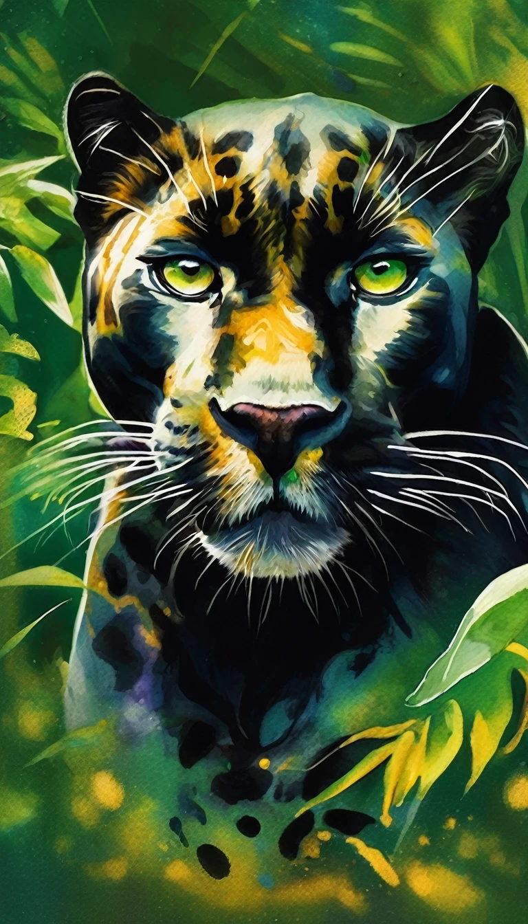 Beautiful black panther lying down, abstraction jungle backdrop, floral, fantasy, african style, beautiful, realistic, green, white, golden fibers, drops, balls, swirls, sparks, high octane, watercolor paint, a closeup of a