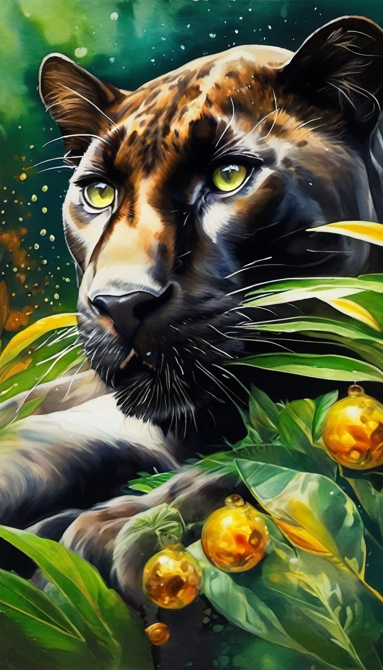 Beautiful black panther lying down, abstraction jungle backdrop, floral, fantasy, african style, beautiful, realistic, green, white, golden fibers, drops, balls, swirls, sparks, high octane, watercolor paint, a closeup of a