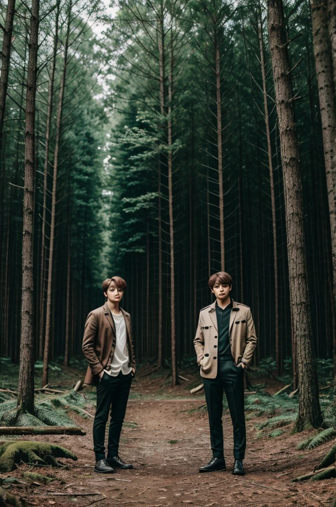Create an image of Taehyung in the middle of the forest and Jungkook behind him with a knife in his hand