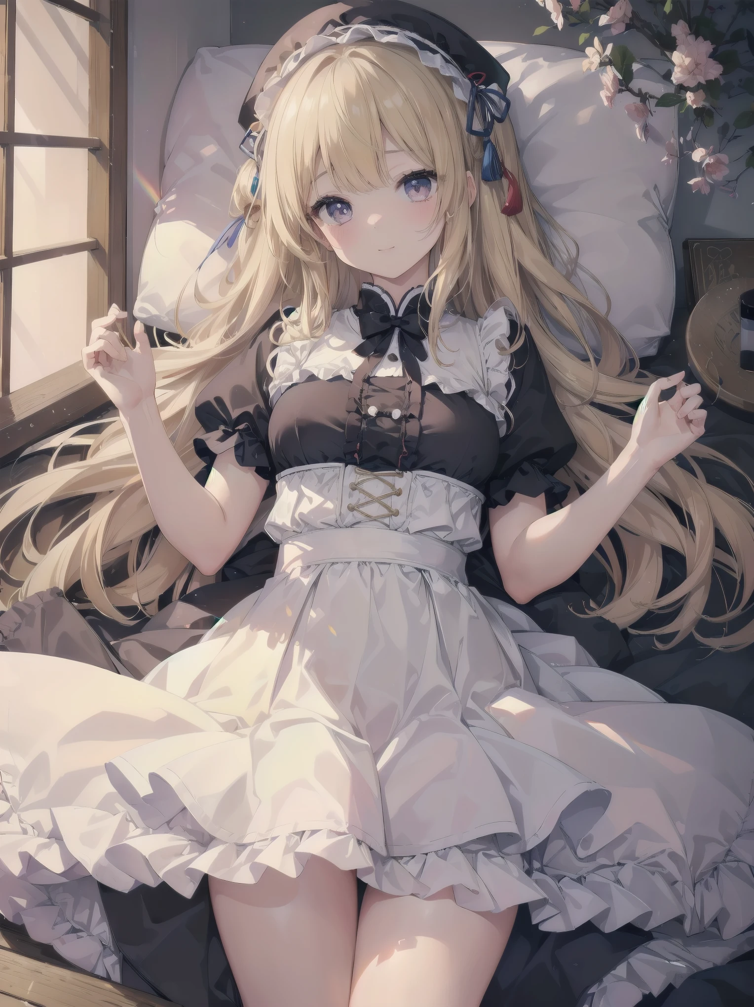 ((傑作 Highest quality:1.4)), ((Tabletop, Highest quality)), (8K quality), (Detailed Background:1.3), (Detailed face:1.3), (Cute Teenage Girls, alone),Beautiful portrait、Delicate body、Frilled blouse,Long Check Skirt,Vintage, Long blonde hair,Cinematic Light,A small smile,Tilt your head、Lying in a fluffy bed、sunlight、Shaking breasts、、Nipples、((She spreads her legs wide to show her pussy))、Flip Skirt、High class clothing、Rainbow glow, Beautiful sparkle,