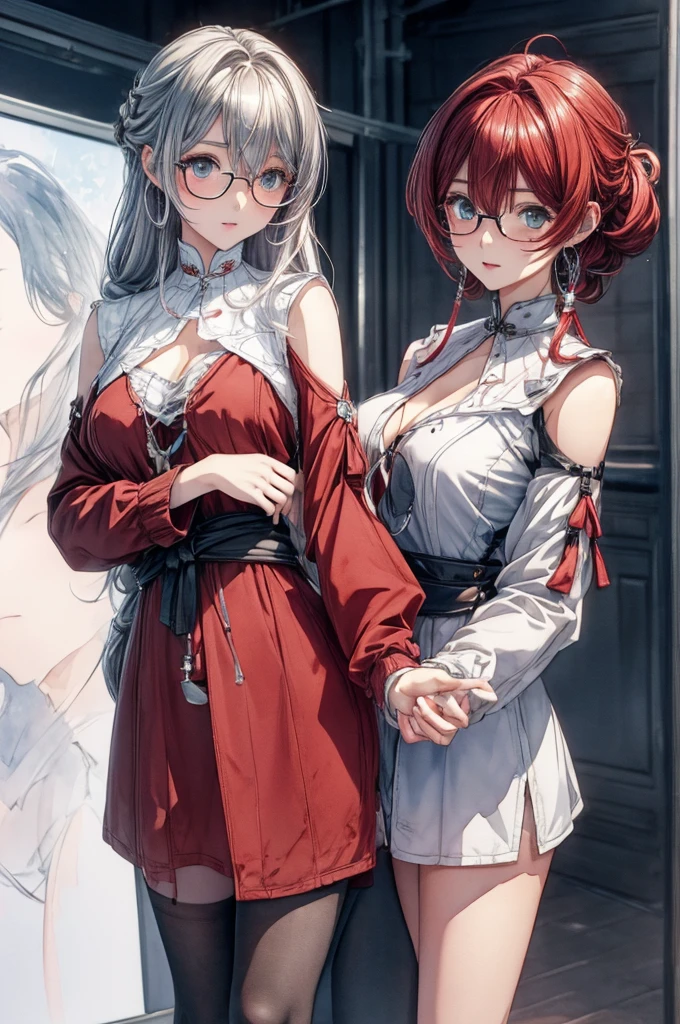 ((Sketch)), ((Watercolor)),((best quality)) ((best quality)), ((masterpiece)), (detailed), HD, Highly Detailed, 4k image, anime style, beautiful young girl, tanned white skin, waist-length silver-red colored hair wirh red highlights at the edges, soft facial features, heterochromatic eyes(left eye: silver)(right eye: red), gothic sundress, cherry red plump lips, large E-cup breasts, short height(150cm). wide hips and large round ass, silver round-frame glasses