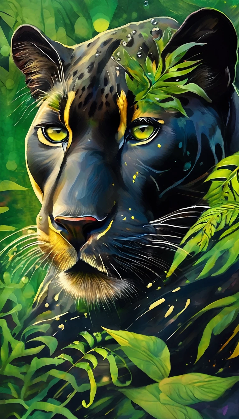 Beautiful black panther lying down, abstraction jungle backdrop, floral, fantasy, african style, beautiful, realistic, green, white, golden fibers, drops, balls, swirls, sparks, high octane, watercolor paint, a closeup of a