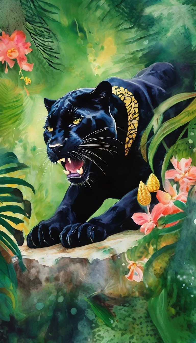 Beautiful black panther lying down, abstraction jungle backdrop, floral, fantasy, african style, beautiful, realistic, green, white, golden fibers, drops, balls, swirls, sparks, high octane, watercolor paint, a closeup of a