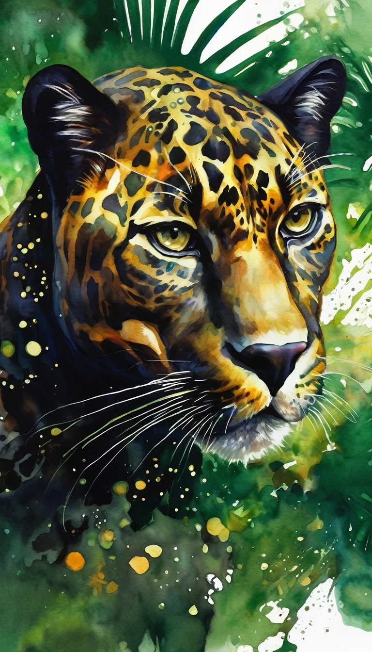 Beautiful black panther lying down, abstraction jungle backdrop, floral, fantasy, african style, beautiful, realistic, green, white, golden fibers, drops, balls, swirls, sparks, high octane, watercolor paint, a closeup of a