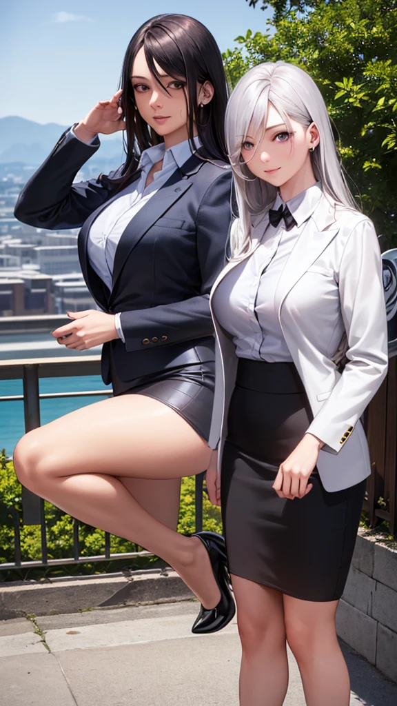(masterpiece:1.2, top-quality), (realistic, photorealistic:1.4), beautiful illustration, (natural side lighting, movie lighting),
looking at viewer, cowboy shot, front view, 1 girl, japanese, high school girl, perfect face, cute and symmetrical face, shiny skin, babyface,
(long hair, straight hair, silver hair), hair between eyes, purple eyes, (middle breasts, seductive thighs, big ass), piercings,
beautiful hair, beautiful face, beautiful detailed eyes, beautiful clavicle, beautiful body, beautiful chest, beautiful thigh, beautiful legs, beautiful fingers,
((long sleeves, white collared shirt, black suit jacket, black pencil mini skirt), id card, strap, black high heels),
(beautiful scenery), evening, park, walking, (lovely smile, upper eyes), big tits, ((high resolution face)), plump