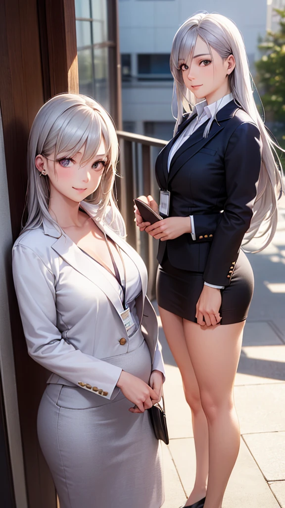 (masterpiece:1.2, top-quality), (realistic, photorealistic:1.4), beautiful illustration, (natural side lighting, movie lighting),
looking at viewer, cowboy shot, front view, 1 girl, japanese, high school girl, perfect face, cute and symmetrical face, shiny skin, babyface,
(long hair, straight hair, silver hair), hair between eyes, purple eyes, (middle breasts, seductive thighs, big ass), piercings,
beautiful hair, beautiful face, beautiful detailed eyes, beautiful clavicle, beautiful body, beautiful chest, beautiful thigh, beautiful legs, beautiful fingers,
((long sleeves, white collared shirt, black suit jacket, black pencil mini skirt), id card, strap, black high heels),
(beautiful scenery), evening, park, walking, (lovely smile, upper eyes), big tits, ((high resolution face)), plump