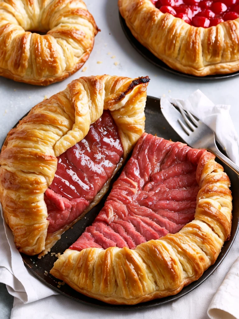 juicy pastry open in half, the middle of the pastry must contain meat and there must be smoke coming out of the middle