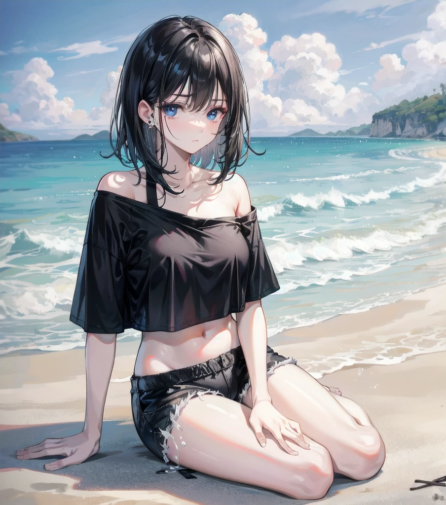 full body, solo, alone, delicate facial features, medium tits, medium hair, black hair, tearful mole, earring, t-shirt, crop top, off-shoulder, Hot Pants, beach,