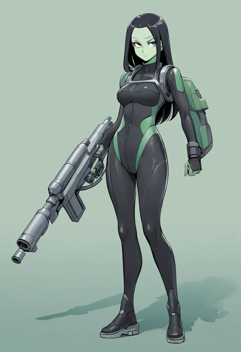 cartoon thin woman, long neck, long black hair, pale green skin, wearing a sci-fi diving suit. she is armed with an arm cannon