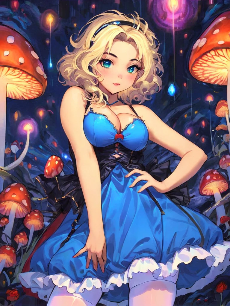 a beautiful 20 year old blonde woman with big messy hair in a blue dress, white stockings, black headband, cleavage, holding a glowing mushroom, fantasy art style, rossdraws cartoon vibrant, alice in wonderland cyberpunk, cute detailed digital art, colorfull digital fantasy art, digital fantasy art ), glossy digital painting, rossdraws pastel vibrant, rossdraws 2. 5, rossdraws 1. 0