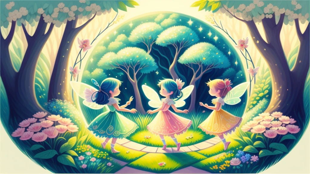 Dreamy garden, trees, flowers, Cute s, light colors hair, blue eyes, gossamer,illustration, A masterpiece in bright light, stunning art! The art of magic, fairy tale artwork, inspiring art, exquisite artwork high quality、masterpiece、Sparkling fairies、One fairy dances in the center、Three fairies dancing in a circle、
