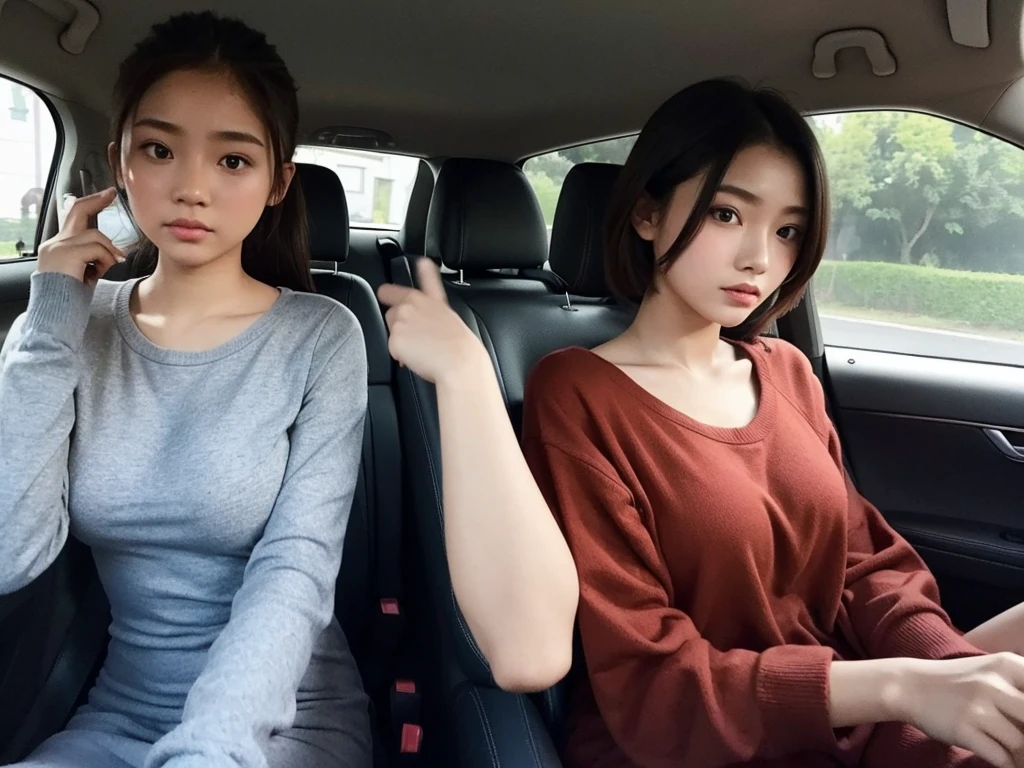 Indonesian girl 19-year-old Hairstyle Casual, F Cup Breasts wearing crewneck dress in car amd driving the car with her friend, they are scared because there are thugs who want to do carjacking 