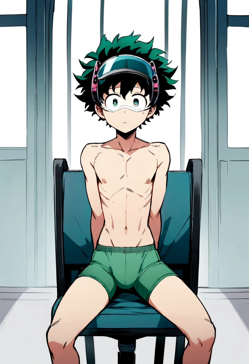 (masterpiece, best quality:1.2), solo, male focus, 1boy, midoriya izuku, short green hair, green eyes, no shirt, no pants, wearing green boxer briefs, ager, toned slender body, domed helmet with transparent visor over eyes, mind control device, blank expression, mouth hanging open staring straight forwars, relaxed body posture, sitting in chair, anime style, my hero academia style