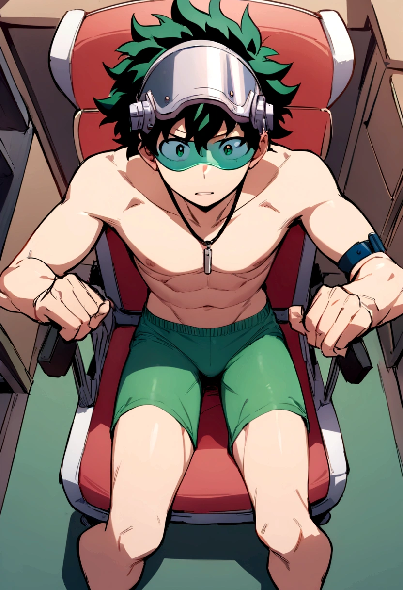 (masterpiece, best quality:1.2), solo, male focus, 1boy, midoriya izuku, short green hair, green eyes, no shirt, no pants, wearing green boxer briefs, teenager, toned slender body, domed helmet with transparent visor over eyes, mind control device, blank expression, mouth hanging open staring straight forwars, relaxed body posture, sitting in chair, anime style, my hero academia style