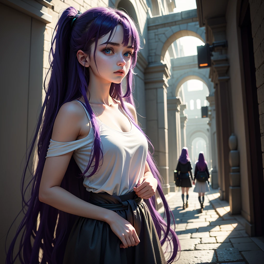 (8k, Raw photo, best quality, masterpiece), ultra high resolution, (realistic, photorealistic), 1 girl, 18 years old, emotionless, only, long purple hair tied, Blue eyes, black horns, Waifu. Big ((95C)) very thin and perfect body
Professional lighting, Detailed lighting, backlighting, depth of field, Natural lighting, intense concentration, professional photography, Detailed eyes, realistic eyes, detailed shadow.
In white casual wear, in a fantasy city, in the underworld