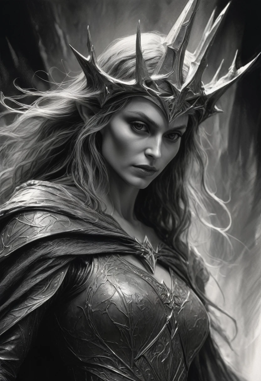 stunning black and white graphite sketch of Witch-king of Angmar, up close shot, from The Lord Of The Rings trilogy, in dynamic pose, by Anna Razumovskay, (by Alyssa Monks:1.1), by Joseph Lorusso, by Lilia Alvarado, beautiful lighting, sharp focus, 8k, high res, (pores:0.1), (sweaty:0.8), Masterpiece, Nikon Z9, Award - winning photograph, --ar 16:9 --style raw --stylize 750 --niji 6, perfect composition, beautiful detailed intricate insanely detailed octane render trending on artstation, 8 k artistic photography, photorealistic concept art, soft natural volumetric cinematic perfect, wide angle view 