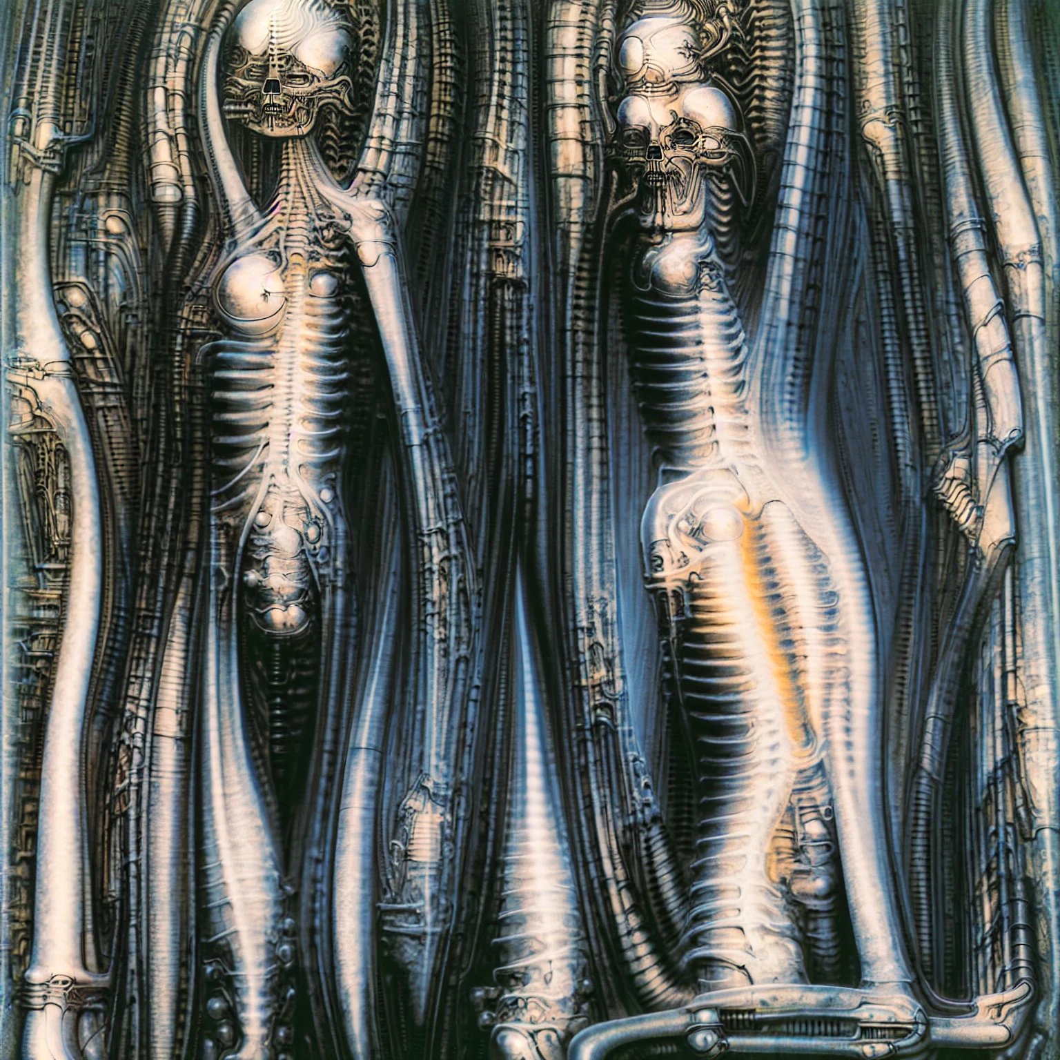 biomechanoid style, nsfw, Giger_style, The image is a detailed view of H.R. Giger's \" Li II \" plate, featuring a complex network of bones and organs in a purple-brown hue ,swirling gray and brown colorsgroup of three alien figures positioned in the foreground.  Emaciated and skeletal, with hollow eyes, they appear to be constructed from bone and  metallic  elements,  a  characteristic  fusion  of  organic  and  mechanical  forms  found  in  Giger's  biomechanical  art.    The image features a surrealistic painting featuring a woman with a skull for a head, surrounded by monstrous, tentacled beings., standing in a room with a glowing screen displaying the word \"EVE\" and a hand reaching out to touch its face.  The background is a dark and  limited  space  painted  in  a  uniform  blue-green color.  This  lack  of  detail  keeps  the  focus  on  the  figures  and  creates  a  sense  of  mystery  about  their  environment.  Receding into the distance  are  a  series  of  arches  and  tunnels  that  hint  at  a  larger  biomechanical  landscape,  possibly  the  work  of  the  creatures  themselves The artwork is silver and purplish brown, with an ivory bones prominently displayed. This piece is likely created using pen and ink wash. The fine lines used to outline the foreground figure and the textures on the floor are consistent with pen and ink work. The background shows areas of flat tone and shading, which could have been achieved using a wash of ink or watercolor. The artwork leans heavily on dark surrealism. The central figure is humanoid but distorted, with an elongated head and insect-like protrusion on its back. The scale of the figure in relation to its surroundings is unnatural, further contributing to the surreal atmosphere. There are subtle influences of biomechanical art present. The organic form of the humanoid figure is integrated with technological element This piece is likely created using pen and ink wash. The fine lines used to outline the foregrou