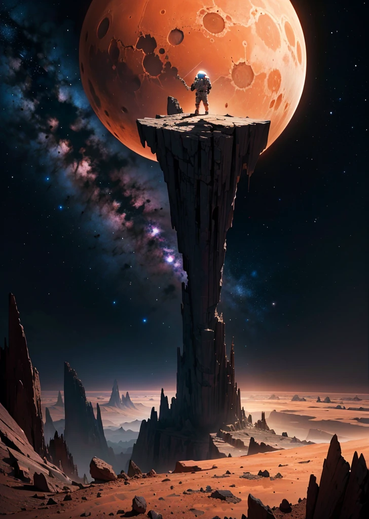 Create a breathtaking painting of an astronaut standing on the rugged surface of Mars. The scene is set at night, under a sky filled with countless stars that cast a subtle glow on the Martian landscape. The astronaut is positioned near the edge of a colossal abyss, a vast and deep chasm that slices through the red terrain, evoking a sense of awe and mystery. The abyss's edges are jagged and shadowy, adding depth and drama to the scene. The astronaut gazes into the abyss, illuminated slightly by the distant starlight, capturing the essence of exploration and the unknown.