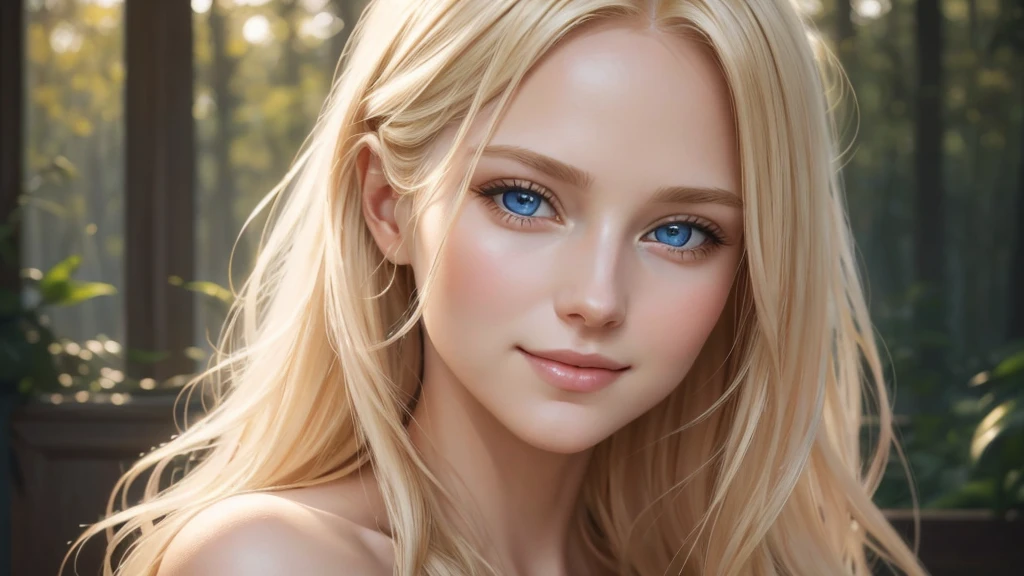 Soft portrait of a beautiful blonde woman, flowing golden hair, captivating blue eyes, delicate features, radiant smile, natural makeup, elegant attire, gentle expression, subtle blush, warm skin tones, ethereal lighting, soft shadows, high-resolution digital painting, realistic style, artistic interpretation, by a skilled portrait artist, ArtStation showcase.