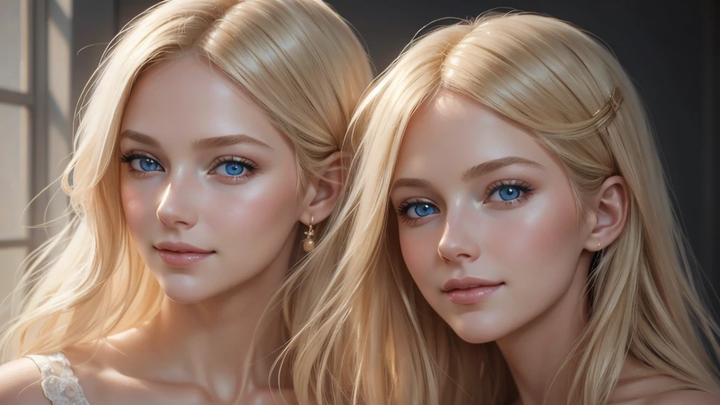 Soft portrait of a beautiful blonde woman, flowing golden hair, captivating blue eyes, delicate features, radiant smile, natural makeup, elegant attire, gentle expression, subtle blush, warm skin tones, ethereal lighting, soft shadows, high-resolution digital painting, realistic style, artistic interpretation, by a skilled portrait artist, ArtStation showcase.