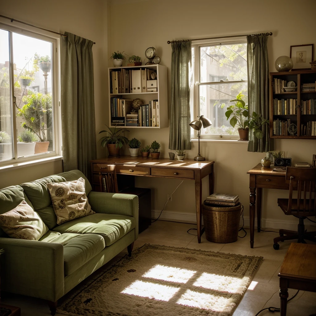 living room, sofa, window, curtains, dappled sunlight, potted plant, mesa, cabinet,Bookshelf, paper, desk lamp, typewriter, mujer 18 años sentada en el sofa