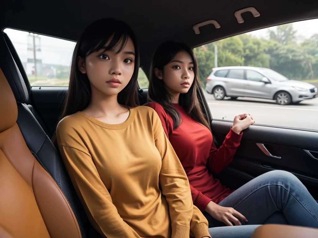 Indonesian girl 19-year-old Hairstyle Casual, F Cup Breasts wearing crewneck dress in car amd driving the car with her friend, they are scared because there are thugs who want to do carjacking 