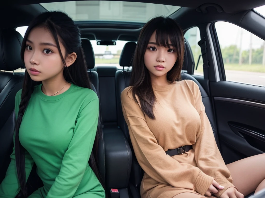 Indonesian girl 19-year-old Hairstyle Casual, F Cup Breasts wearing crewneck dress in car amd driving the car with her friend, they are scared because there are thugs who want to do carjacking 