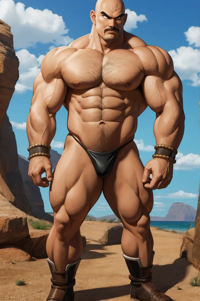 nappa, male focus, solo,cowboy shot, 1boy, bald, nipples, muscular male, abs,black vambraces, veins, pectorals, thighs, black eyes, topless male, mustache, (( micro-thong:_Pattern_designs_thongs_perspire_massive pec_Get cum all over your body)) , tail around waist, (best quality, masterpiece) , stripclub , full body , black boots , (best quality, masterpiece) , full body , black boots