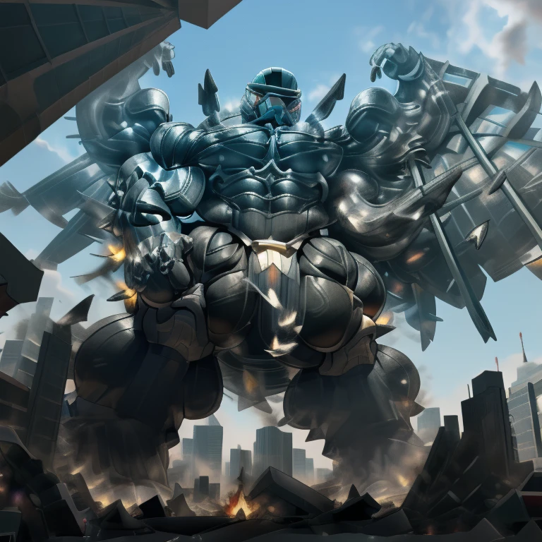 (masterpiece. official art. 8k. best quality. detailed full body. full body.)
(situation 1 : dominating LUCARIO. focus GIANT mechanical Muscular LUCARIO is trampling the CITY. macro. stomp. Low-angle perspective. emphasizing the immense size. The perspective is from below, emphasizing the sheer majesty and power of the Giant. giant art. He is much bigger than a skyscraper. Giga Giants. micro soccer field. looking down.)
(situation 2 :smoke and flames rising from the destruction in the city)
(Additional details 1: wearing a full-face helmet. helmet is jet black. The color of NANOSUIT is jet black. high-tech bio-mecha armor. real texture material. whole body shines like metal. Wearing cyberpunk mecha. emphasizes the muscles. suit fully made of metal. intricate armor. Robotic suit. suit fully made of metal. NANOSUIT with the same design as LUCARIO.). (Lucario has 5 toes.)
(Additional details 2: (Detailed head. Detailed Body. Detailed abs. gigantic muscles. HYPER MUSCLES. Gigachad Muscular. big muscle. pecs. triceps. traps. unusually developed muscular body. body full of huge muscles. showing off muscles. pectorales enormes. Exaggeratedly huge muscles. huge muscles. long legs.).
(Additional details 3: nj5furry, Spread wings. It has wings. black have big wings. The claws are sharp. Sharp teeth.5 toes.).