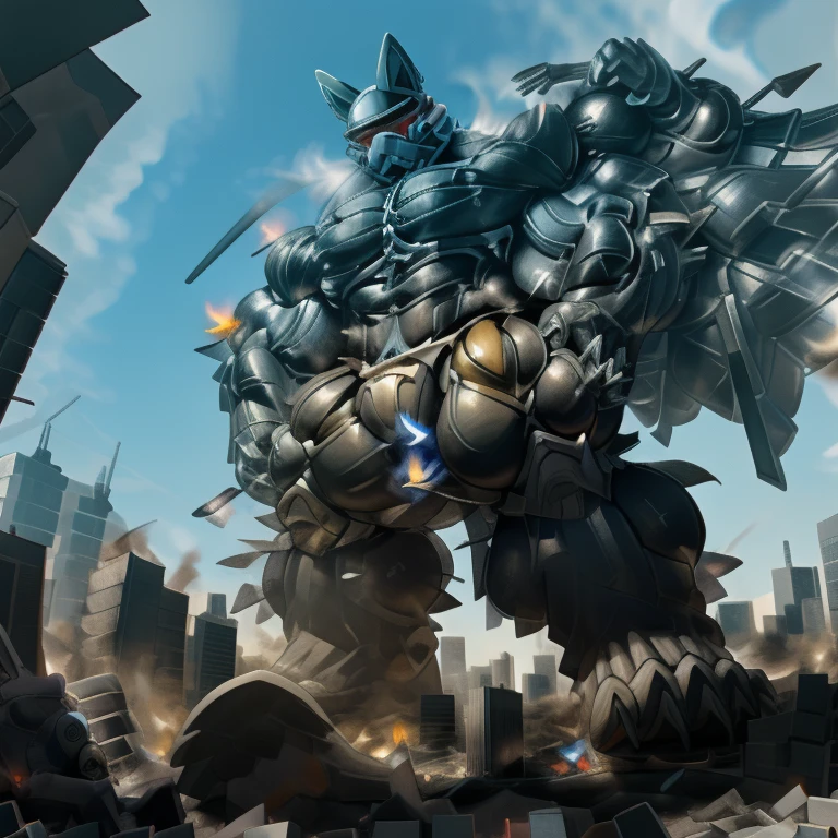 (masterpiece. official art. 8k. best quality. detailed full body. full body.)
(situation 1 : dominating LUCARIO. focus GIANT mechanical Muscular LUCARIO is trampling the CITY. macro. stomp. Low-angle perspective. emphasizing the immense size. The perspective is from below, emphasizing the sheer majesty and power of the Giant. giant art. He is much bigger than a skyscraper. Giga Giants. micro soccer field. looking down.)
(situation 2 :smoke and flames rising from the destruction in the city)
(Additional details 1: wearing a full-face helmet. helmet is jet black. The color of NANOSUIT is jet black. high-tech bio-mecha armor. real texture material. whole body shines like metal. Wearing cyberpunk mecha. emphasizes the muscles. suit fully made of metal. intricate armor. Robotic suit. suit fully made of metal. NANOSUIT with the same design as LUCARIO.). (Lucario has 5 toes.)
(Additional details 2: (Detailed head. Detailed Body. Detailed abs. gigantic muscles. HYPER MUSCLES. Gigachad Muscular. big muscle. pecs. triceps. traps. unusually developed muscular body. body full of huge muscles. showing off muscles. pectorales enormes. Exaggeratedly huge muscles. huge muscles. long legs.).
(Additional details 3: nj5furry, Spread wings. It has wings. black have big wings. The claws are sharp. Sharp teeth.5 toes.).
