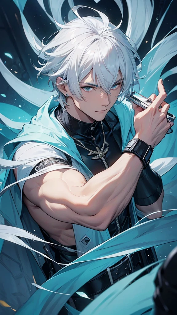 White-haired Man, There's ice on your back and coming out of your body, blue colored eyes, brawny, no mistakes, symetry, good quality,