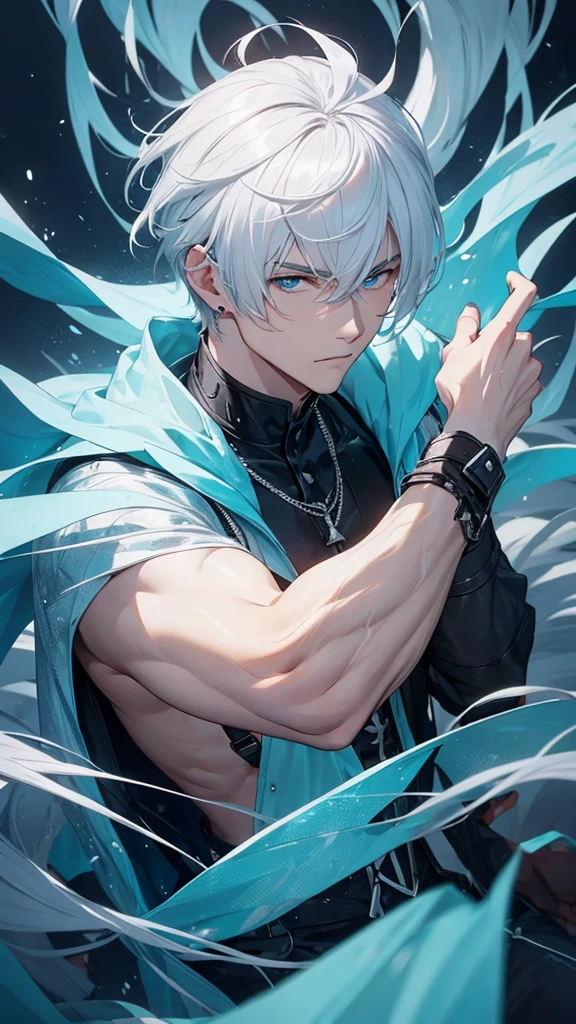 White-haired Man, There&#39;s ice on your back and coming out of your body, blue colored eyes, brawny, no mistakes, symetry, good quality, 