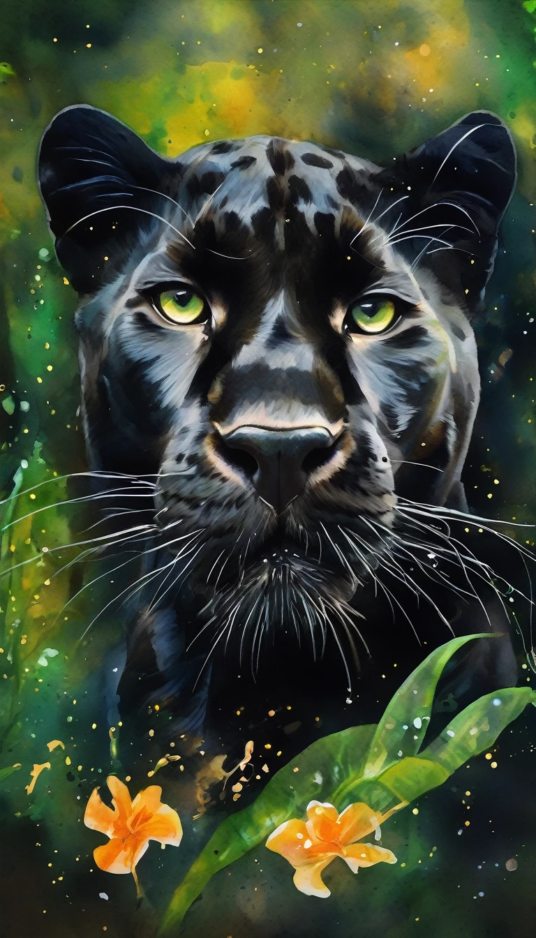 Beautiful black panther lying down, abstraction jungle backdrop, floral, fantasy, african style, beautiful, realistic, green, white, golden fibers, drops, balls, swirls, sparks, high octane, watercolor paint, a closeup of a