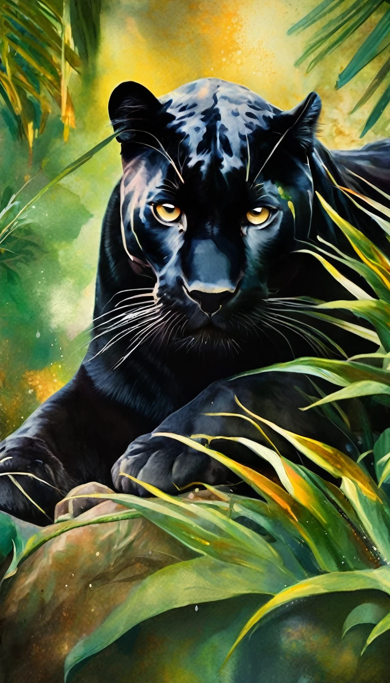 Beautiful black panther lying down, abstraction jungle backdrop, floral, fantasy, african style, beautiful, realistic, green, white, golden fibers, drops, balls, swirls, sparks, high octane, watercolor paint, a closeup of a