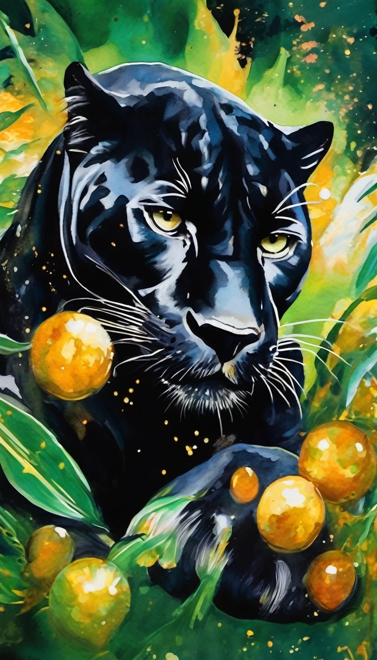 Beautiful black panther lying down, abstraction jungle backdrop, floral, fantasy, african style, beautiful, realistic, green, white, golden fibers, drops, balls, swirls, sparks, high octane, watercolor paint, a closeup of a