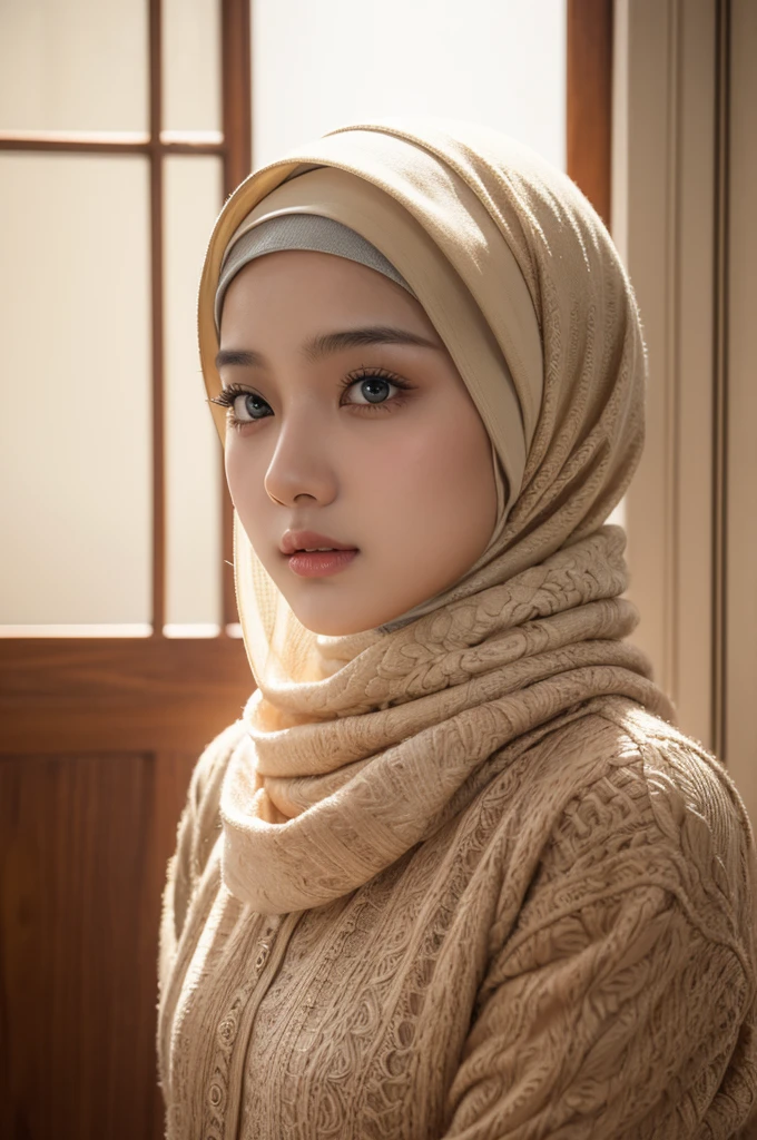 A beautiful malay girl, 1girl, hijab, jilbab, 19 years old, indoors, fine lighting, hyper-detailed, high quality, masterpiece, photorealistic, intricate details, realistic skin and features, natural expression, realistic lights and shadows, cinematic composition, vivid colors, warm color palette