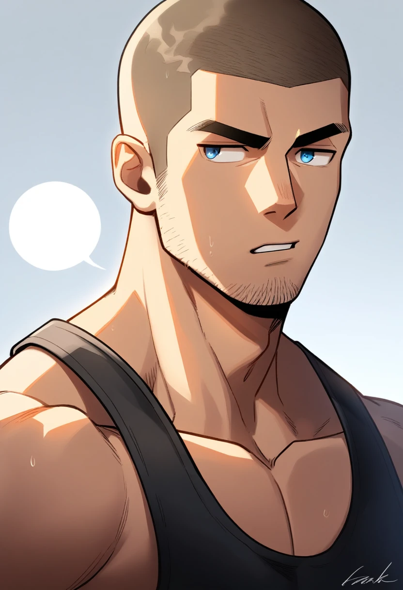 1boy, male focus, tank top, black tank top, sidepec, muscular male, muscular, bara, upper body, solo, looking to the side, annoyed, speech bubble, short hair, buzzcut, stubble, light brown hair, blue light eyes, parted lips, white background, simple background, best quality, amazing quality, best aesthetic, absurdres, year 2023