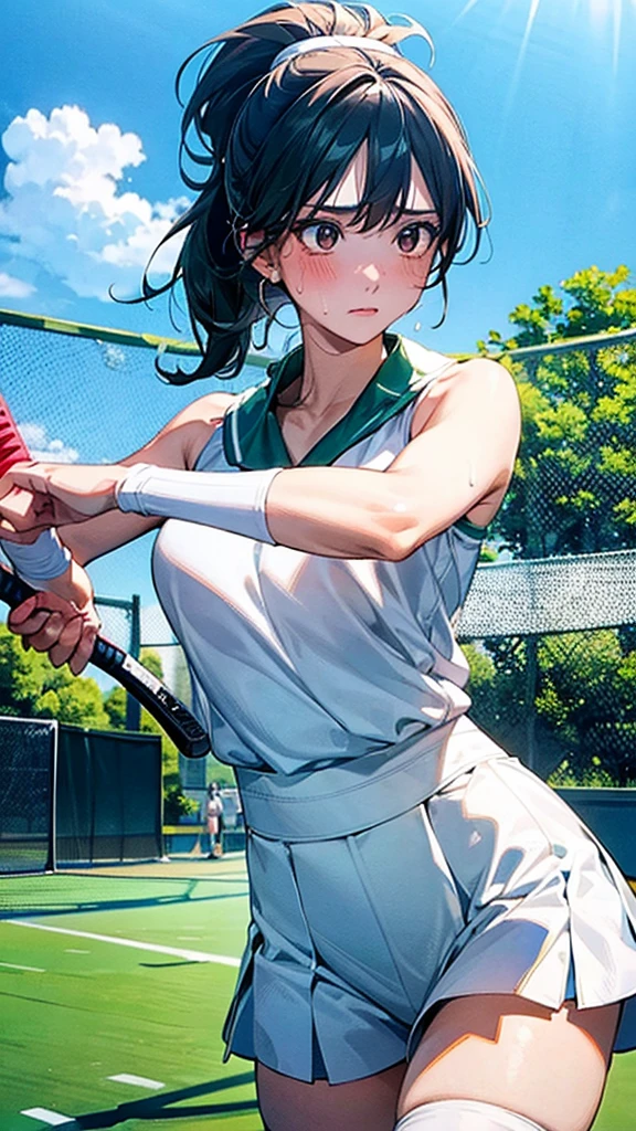 Describe a woman in a white tennis outfit, swinging a tennis racket with a determined expression on her face as she hits the ball back on a green tennis court under a clear blue sky. Her movements are powerful, and there are stands with spectators in the background,sweat,under shot